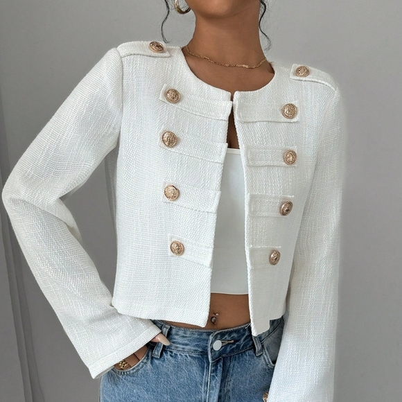Solid Color Minimalist Long Sleeve Tweed Coat - Picture 1 of 6